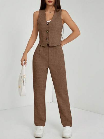 SHEIN PETITE Conjunto de traje de oficina para ir al trabajo compuesto por un chaleco de lana con botones y pantalones de unicolor para mujer
