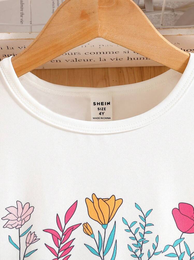 SHEIN Set de 2 piezas de top y shorts con estampado de flores para niña, conjunto casual de vacaciones - Blanco - Añade 3