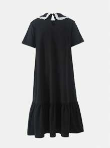 Girls' Casual Stylish School Style Short Sleeve Loose Mid-Length Colorblock Bow Decor Dress - Black - View 2