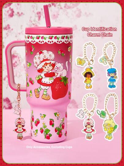 Strawberry Shortcake X SHEIN 4 Pcs Acrylic Cup Accessories Identification Tags, Cup Handle Personalized Pendant Chains, Suitable For Handled Mugs, Keychains, Office, Home, Birthday Party,Gift Ideas,Valentine's Day, Summer / Spring , Vacation