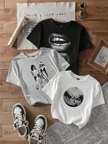 SHEIN EZwear Paquete de 3 camisetas de manga corta con estampado de figuras y gráficos - Multicolor - Ver 1