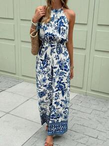 SHEIN Frenchy Women's Simple Blue Celadon Print Hanging Neck Fashion Long Jumpsuit For Summer And Vacation Wear Summer Outfits For Women Vacation Outfits Women Beach Outfits For Woman Bodysuits For Women Boho Women Clothing Flower