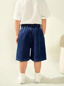 SHEIN 男童弹力腰带牛仔短裤，休闲洗水裤 - 深色水洗藍 - 查看 2