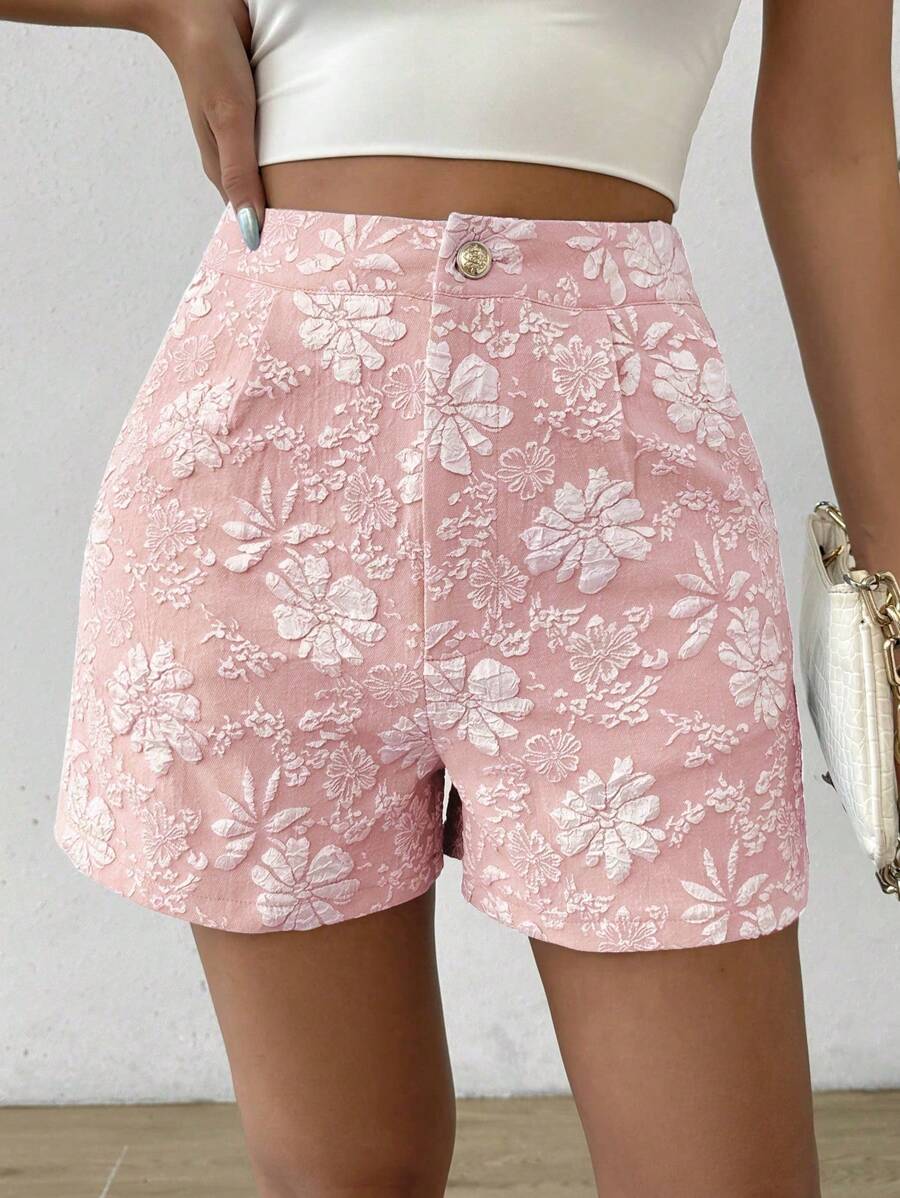 Flirla Quần short dệt kim hoa rộng rãi thời trang cắt ngẫu nhiên cho nữ - Hồng - Xem 1