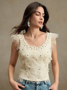 Anewsta ملابس علوية أو تي شيرت نسائي مطرز براق وعصري للربيع والصيف - أبيض - مشاهدة 5