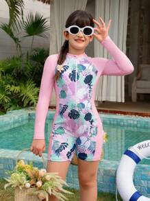 Traje de baño de una pieza con cremallera y manga larga, protección solar, estilo de vacaciones para niñas jóvenes