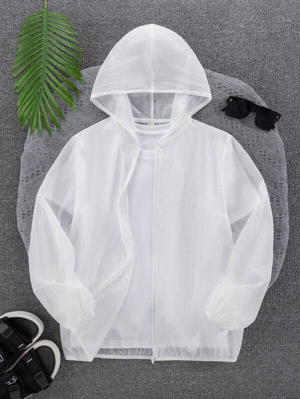 SHEIN Teen Boys' White Zip-Up Hoodie Jacket, Casual, Academic, Comfortable, Stylish, Minimalist, Versatile, Soft & Cozy, Suitable For Daily Wear, School, Outings, Sports