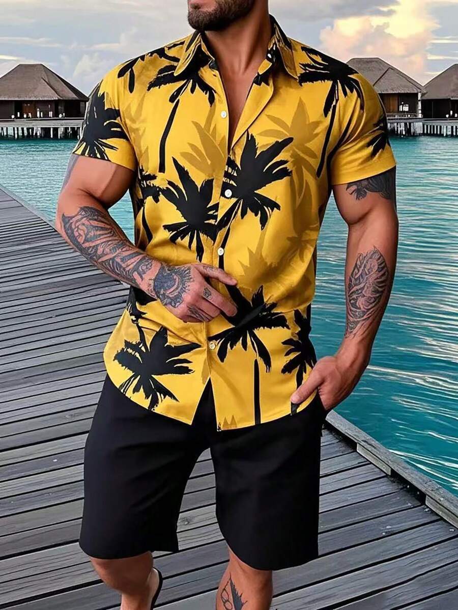 Manfinity RSRT Bộ 2 món áo sơ mi ngắn tay in hình cây cọ đi nghỉ mát dành cho nam và quần short, trang phục nhiệt đới thường ngày cho nam, trang phục ấm áp - Màu vàng - Xem 1
