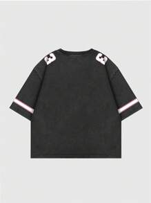 ROMWE MEN Prep Men's Jersey Loose Drop Shoulder Short Printed Washed T-Shirt, Sports Tee - Black - View 2