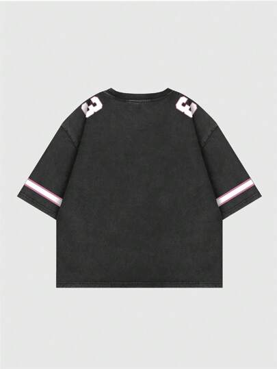 Prep Men's Jersey Loose Drop Shoulder Short Printed Washed T-Shirt, Sports Tee