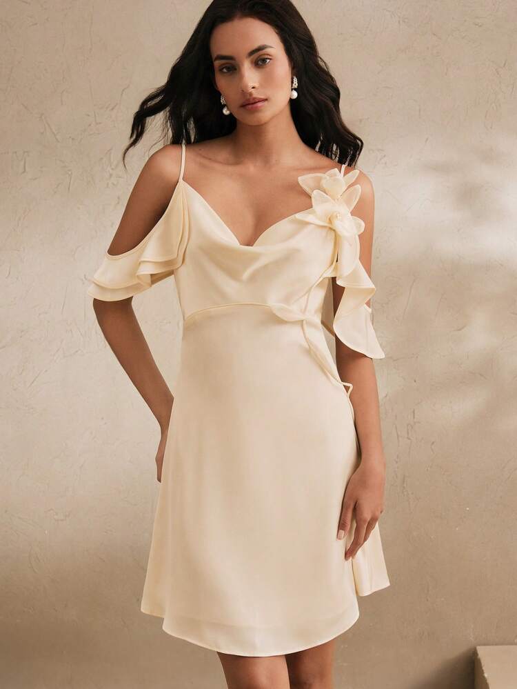 Spring/Summer New Floral 3D Print Silk Satin Ruffled Sleeve Short Dress, Elegant For Vacation, Date Night, Beach