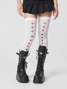 ROMWE Goth 1 par de medias por encima de la rodilla para mujer a lunares negros y rojos, para todas las temporadas