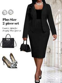 Fleurora  2pcs Plus Size Set, Short Sleeve V-Neck Top & Skirt, Casual & Stylish For Everyday Wear Valentine's Day New Years Women Outfit Wedding Guest Dress Women Sets For Women Valentines Clothes,Valentine's Day For Valentine's Day - Black - View 1