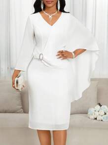 SHEIN Lady Women's Chiffon Brooch Detail Pencil Dress Wedding - White - View 5