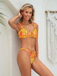 SHEIN Swim 热带植物印花双面褶饰性感女士比基尼两件套 - 橘色 - 查看 7