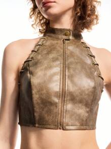 LYSMO Women's Nomadic Style Sleeveless Halter Crop Top And Low-Rise PU Shorts Set Cow Girl - Brown - View 9