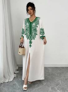 Chiquease Women's V-Neck Placement Printed Batwing Sleeve Slit Dress - Apricot - View 5