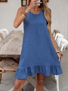 Breezaya Women's Round Neck Woven Textured Lace Patchwork Ruffle Hem Casual Vacation Dress, Spring/Summer - Blue - View 6