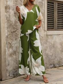 SHEIN Clasi Bộ 2 áo sơ mi tay cánh dơi in hoa cho nữ và quần dài - xanh quân đội - Xem 6