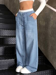 SHEIN 青少年女孩 Y2K 秋季蓝白休闲条纹宽松阔腿牛仔裤，撞色腰带，二合一设计 - 淺色水洗藍 - 查看 3