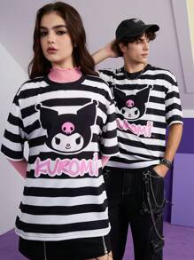 HELLO KITTY AND FRIENDS | SHEIN 男女款休闲宽松针织卡通图案黑白条纹印花短袖 T 恤，春夏 - 黑與白 - 查看 1