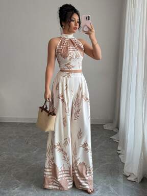 EMERY ROSE Set elegante da donna per vacanze, composto da 2 pezzi: top con collo a canottiera e schiena scoperta, legato in vita, pantaloni a gamba ampia con stampa