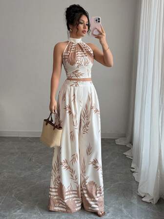Rafferiza Dam Elegant Vacation 2-delad set, Halter Neck, Backless Tie Midja, Printed Wide Leg Byxor