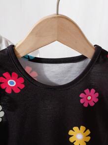4pcs/Set Casual Baby Girl Heart & Floral Print Ruffle Trim Short Sleeve Top + Shorts Set, 2 Pieces Outfit, Summer Holiday Outdoor Wear - Multicolor - View 7