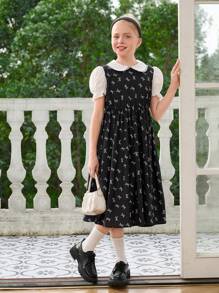 Tween Girl Dress - Fashionable Black Bow Print Dress With Waist Bag, Peter Pan Collar, Puff Sleeves, Casual Daily Wear For Summer - Black - View 5