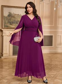 Modelyn Abito elegante midi con scollo a V e maniche spaccate, di colore viola per taglie forti - Viola rosso - Visualizzare 6