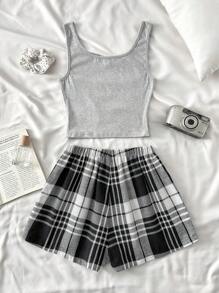 SHEIN Conjunto de Pijama em 2 peças de Regata com Estampa de Estrelas Minimalista e Shorts Xadrez para Adolescentes, Roupa de Descanso Casual e Confortável