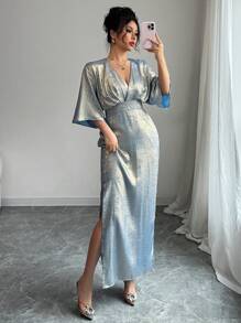 Elenzga 女士优雅休闲通勤派对情人节金属开衩长裙，春夏 - 藍色 - 查看 3