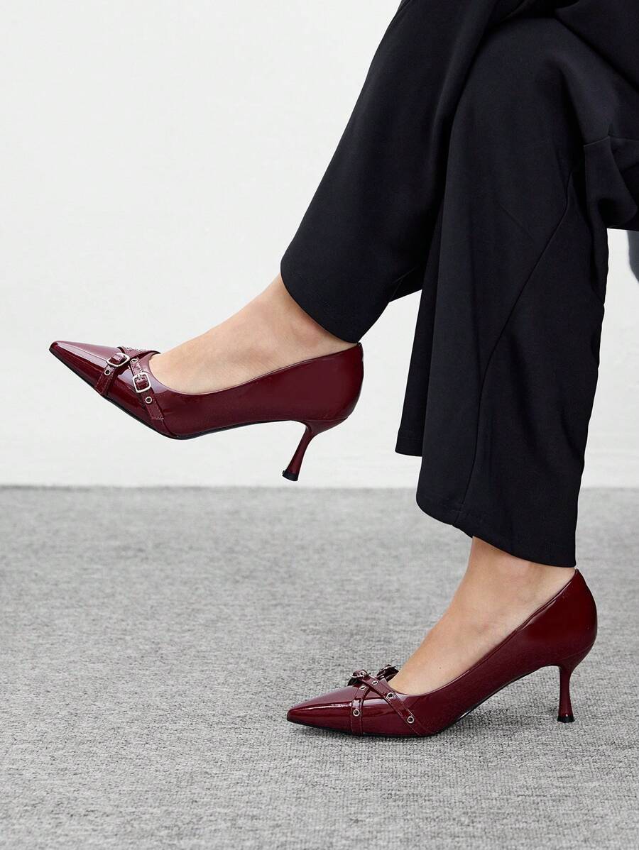 CUCCOO BIZCHIC 女士时尚漆皮尖头高跟鞋，带扣装饰，适合通勤、约会、聚会和其他场合 - 酒紅色 - 查看 1