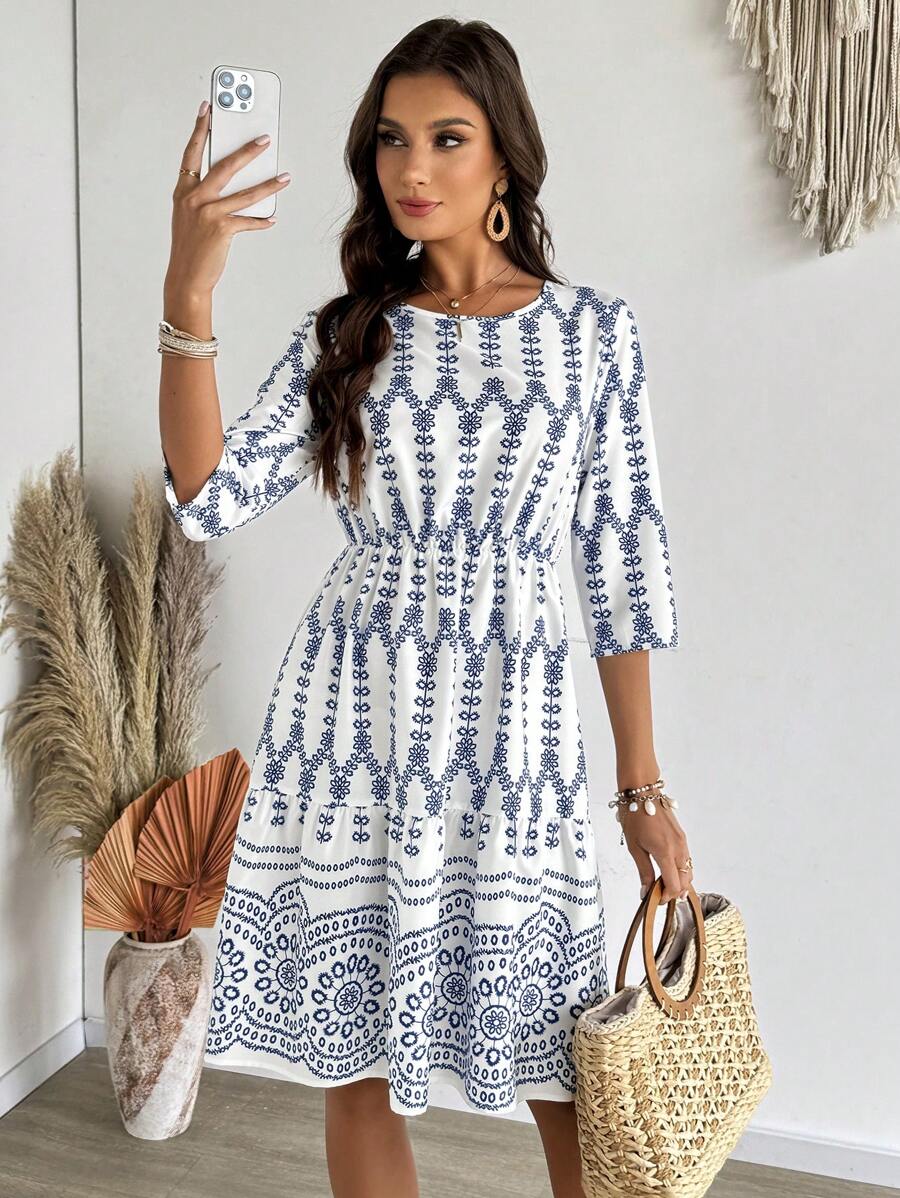 EMERY ROSE Đầm cổ tròn tay ngắn in họa tiết cho nữ, tối giản & thời trang, phù hợp cho mùa hè - Nhiều màu - Xem 1
