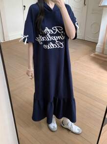 SHEIN Leap Crew Teen Girl Collegiate Letter Pattern Ruffle Hem Hooded Casual Dress - Navy Blue - View 3