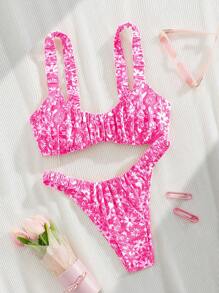 Swim Vcay Tropical Plant Print Reversible Ruched Bust Wireless Sexy Ladies' Bikini 2Pcs Set For Summer Beach Vacation - Pink - View 7
