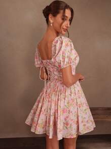 Savoree New Arrival Women's French Square Neckline Ditsy Floral Waist Cinched Puff Sleeve Summer Dress, Suitable For Beach, Festival, Holiday, Sexy Party Outfits