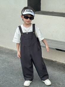 SHEIN Young Boys' Casual Comfortable Solid Color Bib Overall Pants, Versatile For Outing And School - Black - View 5