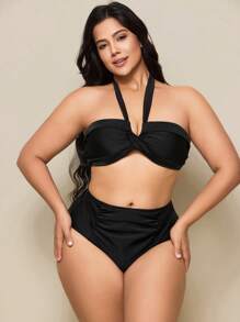 SHEIN Swim Plus Size Solid Color Simple Beach Swimsuit Set For Summer Beach Vacation - Black - View 7