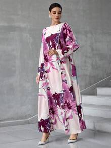 Al Najma 女士土耳其长袍和阿拉伯花卉印花长裙、卡夫坦和贾拉比亚 - 粉色 - 查看 6