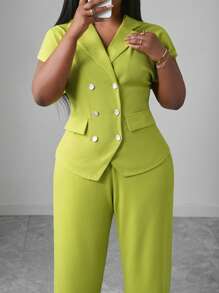 Slaydiva 新款春夏度假百搭休闲套装，适合生日聚会、约会、日常穿着 - 包括翻领双排扣衬衫和修身长裤，黄绿色，大码两件套 - 黃色 - 查看 10