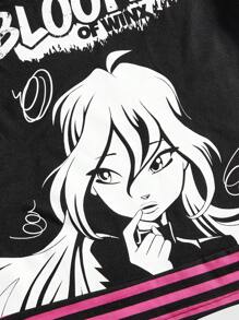 Winx Club X ROMWE Women Asymmetrical Neck Cartoon Graphic T-Shirt - Black - View 3