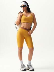 VARSIVA Women's Yellow Crop Sports Tank Top: Sleeveless Spaghetti Strap Knitted Fabric Design With Tape Details For Comfortable Workouts - Yellow - View 4