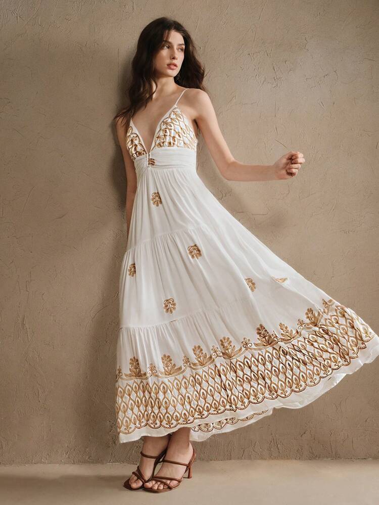 Women's Elegant Vacation Contrast Color Floral Embroidery V-Neck Cinched Waist Spaghetti Strap Dress, Summer Beach Holiday Casual Vacation