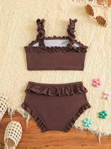 SHEIN 2pcs Girls Adorable Bowknot Halter Top & Ruffle Trim Bottom Swimsuit Set - Brown - View 2
