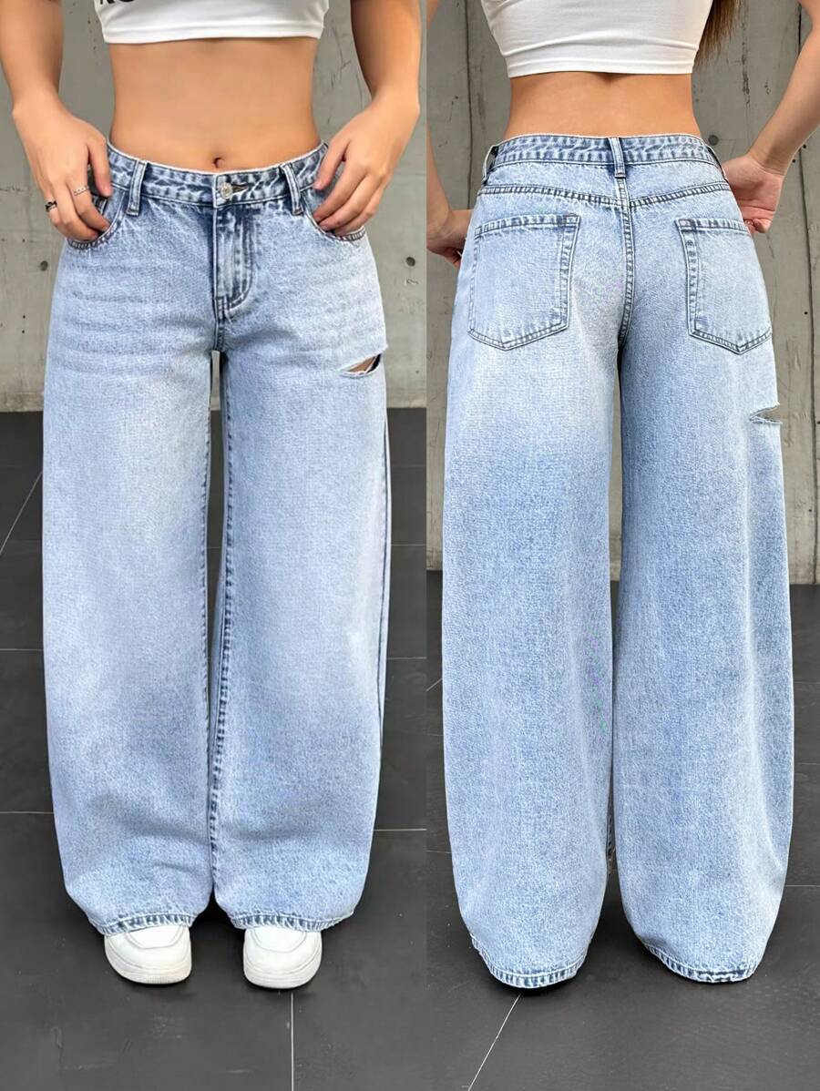 SHEIN EZwear Women Casual Distressed Straight Leg Jeans - Blue - View 1