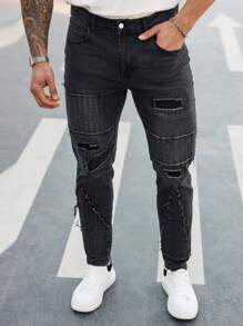 Manfinity LEGND Plus Size Men's Casual Washed Frayed Slim Fit Jeans - Black - View 5