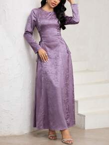 Veilorie Damen Blumen Jacquard Rundhals Langarm Kleid mit Bindung an der Taille, elegant