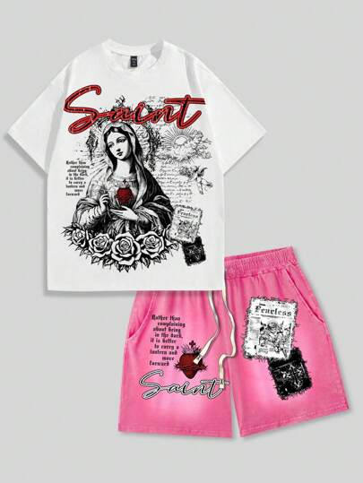 Street Life Set Maglietta e pantaloncini casual estivi da uomo con stampa slogan della Vergine Maria