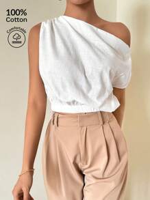 SHEIN Privé 大碼夏季不對稱露肩寬鬆無袖竹棉優雅假期/日常休閒褶皺彈性女士白色襯衫 - 白色 - 查看 1